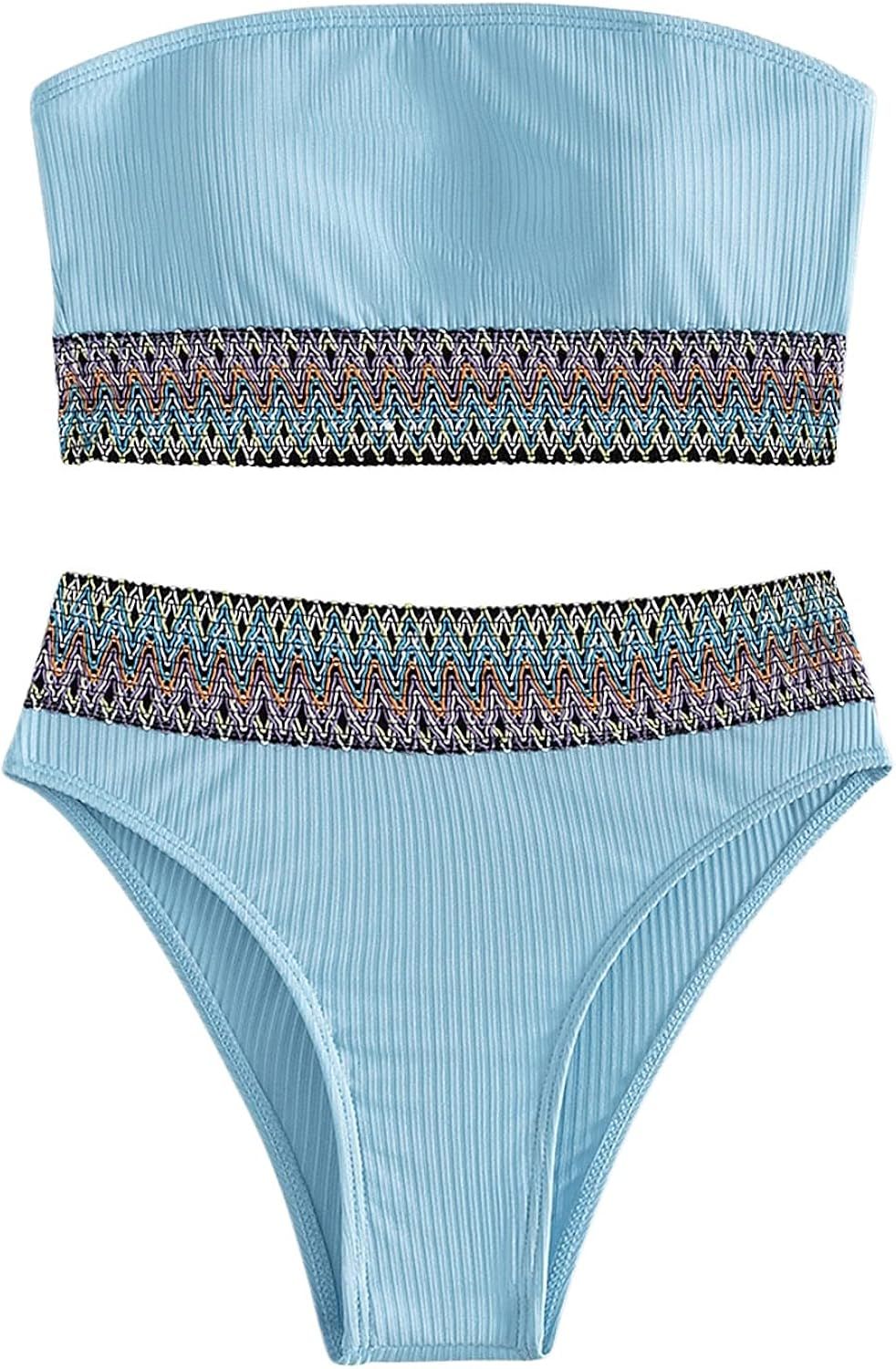 SweatyRocks Women's Bathing Suits Striped Bandeau Bikini high Waisted Swimsuits Swimwear Set | Amazon (US)