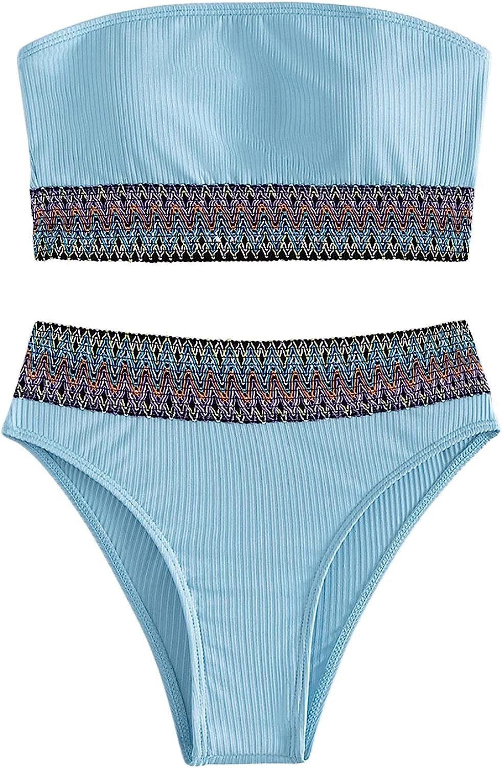 SweatyRocks Women's Bathing Suits Striped Bandeau Bikini high Waisted Swimsuits Swimwear Set | Amazon (US)