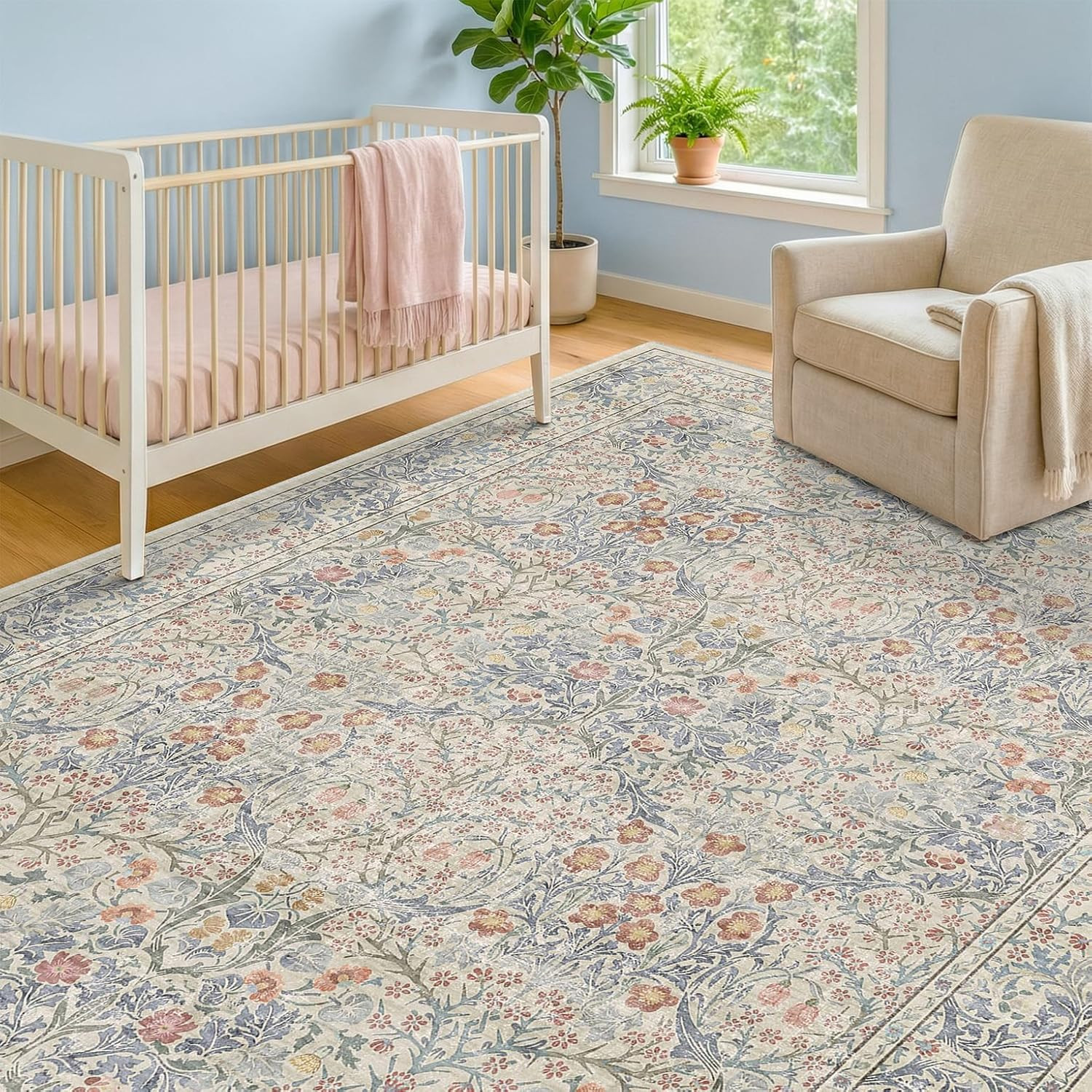 Washable Beige Blue 5x8 Area Rug for Large Entryway, Living Room, Kids Room, Boy Nursery Room, Bedroom Rug - Vintage Oriental Low Pile Non Slip & Stain Resistance (5x8 Beige Blue) | Amazon (US)