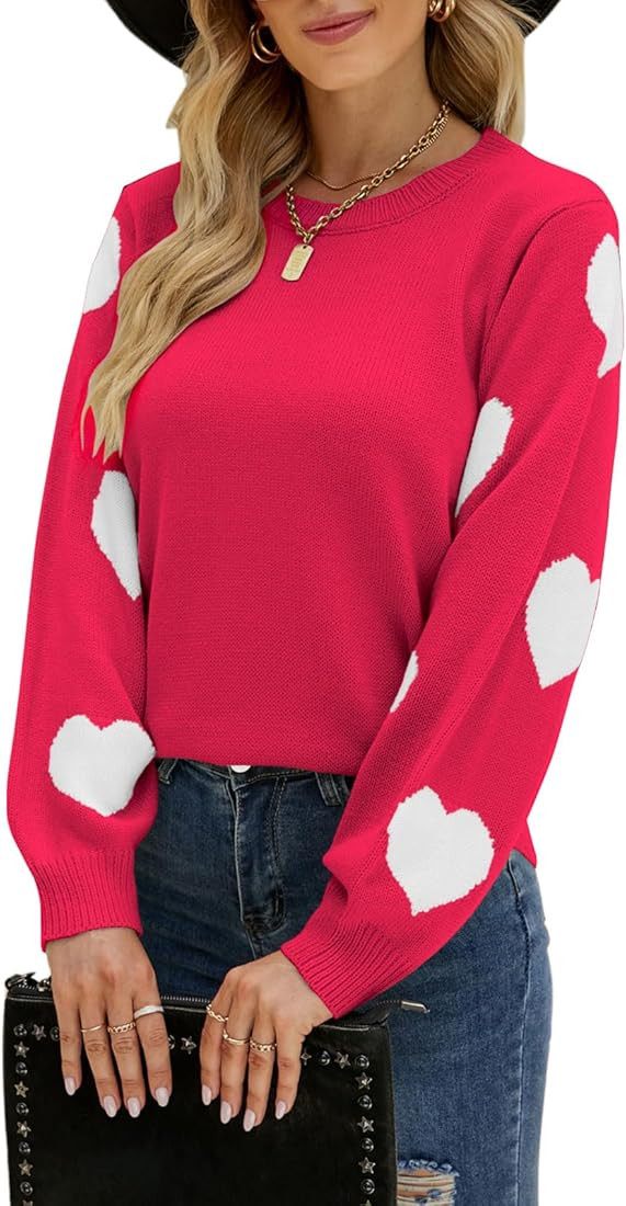 Women's Pullover Sweaters Long Sleeve Crew Neck Cute Multi-Hearts Knitted Casual Sweater | Amazon (US)