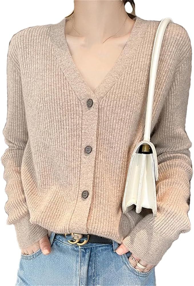 Women's Spring and Autumn V-Neck Striped Sweater Long Sleeve Knitting Cardigan | Amazon (US)