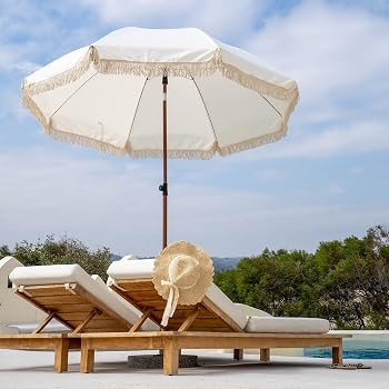 7.5Ft Patio Beach Umbrella with Fringe & Tassel, UPF50+ Push Button Tilt & Crank, Ideal for Garde... | Amazon (US)