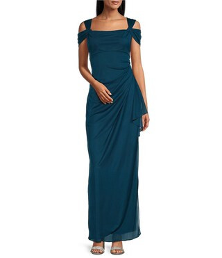 Alex Evenings Exposed Shoulder Draped Neck Cap Sleeve Ruched Waterfall Hem Mesh Gown - 10 | Dillard's