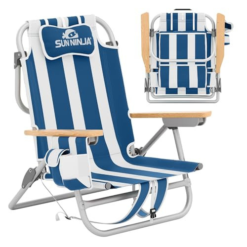 SUN NINJA Beach Chair – Folding Chair for Beach with 5 Reclining Positions, Cup & Phone Holder, Insulated Back Storage Pouch, Portable Lightweight Aluminum Frame - Navy Stripes 1pc | Amazon (US)