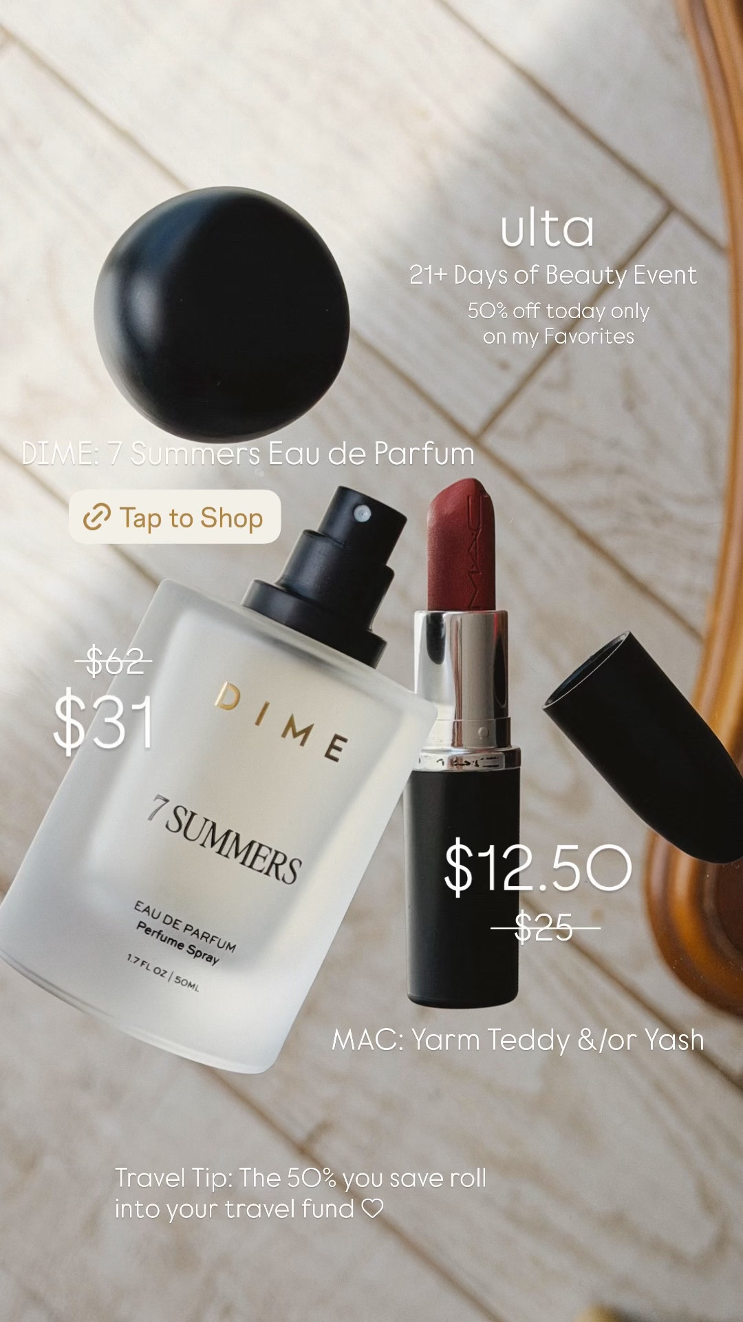 Ulta’s 21 Days of Beauty is the one sale I actually plan around. 

My MAC M·A·Cximal lipstick in Warm Teddy is 50% off today, DIME’s 7 Summers perfume went from $62 to $31, and I grabbed Yash too while I was at it. 

Travel tip: the half you save rolls right into the travel fund <3

#LTKSaleAlert