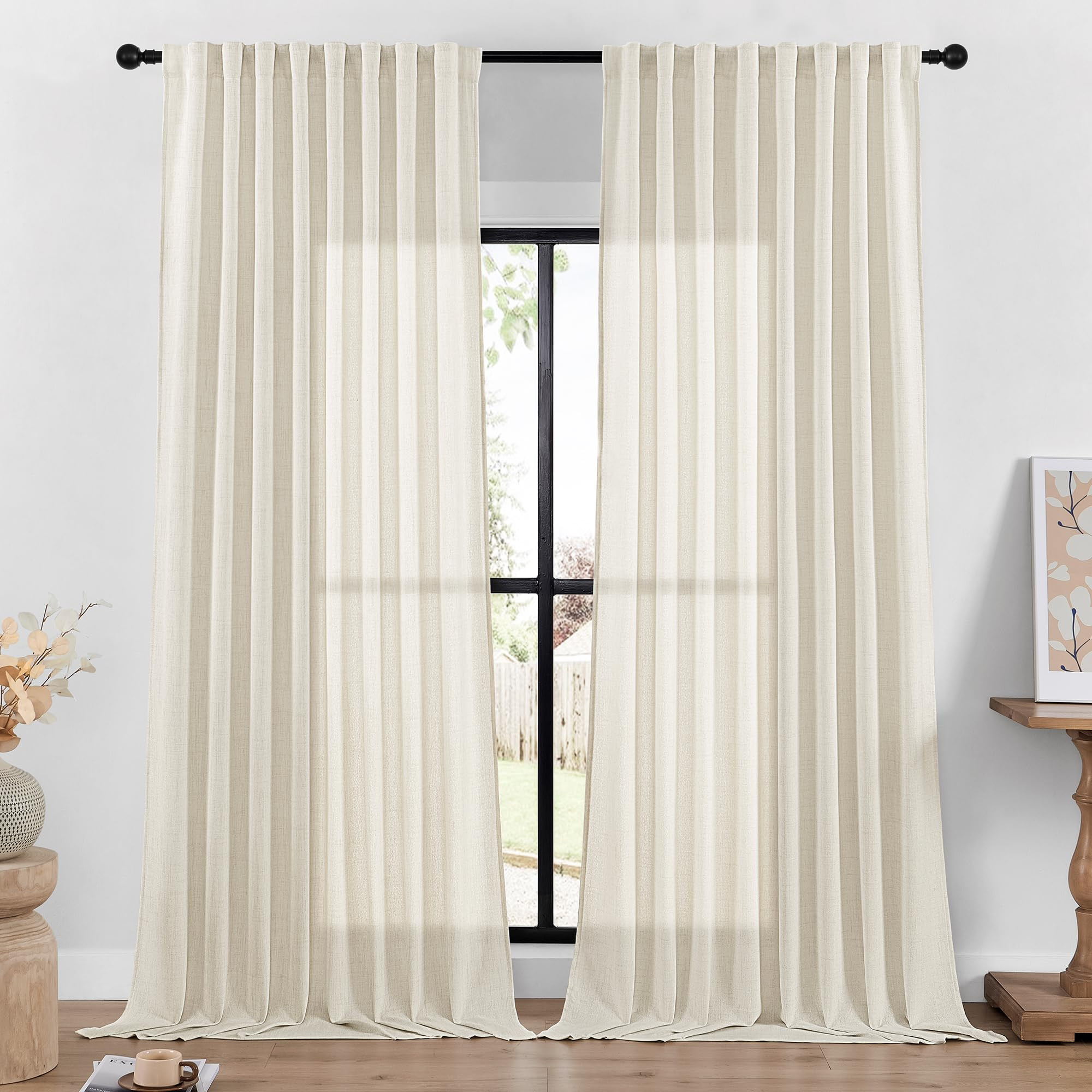 DaysU Linen Curtains - 120 Inch Long, 2 Panel Set for Bedroom/Living Room, Ivory Semi Sheer Farmh... | Amazon (US)