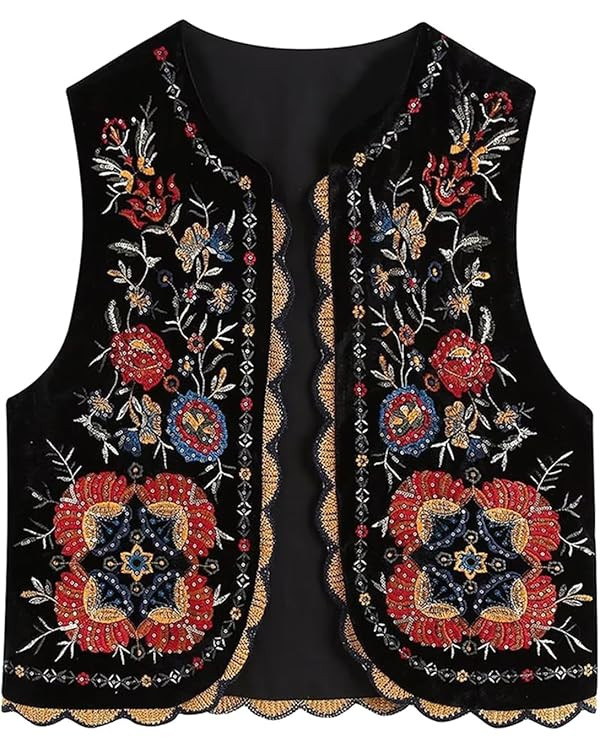 Women Vintage Embroidered Floral Tank Vest Y2k Sleeveless V Neck Cardigan Tops Retro Cropped Open... | Amazon (US)