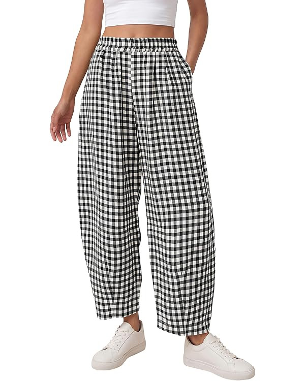 PRETTYGARDEN Plaid Barrel Pants Women Summer 2026 Casual Loose Wide Leg Lounge Gingham Trousers S... | Amazon (US)
