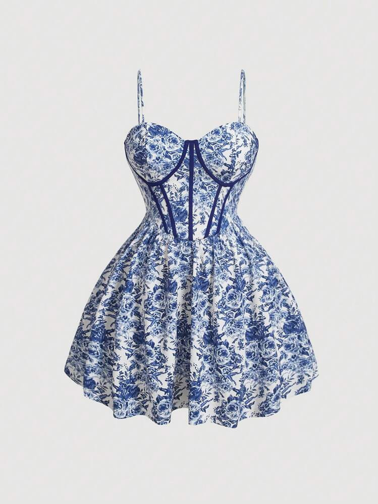 SHEIN MOD Plus Allover Floral Print Bustier Cami Corset Structure Dress | SHEIN