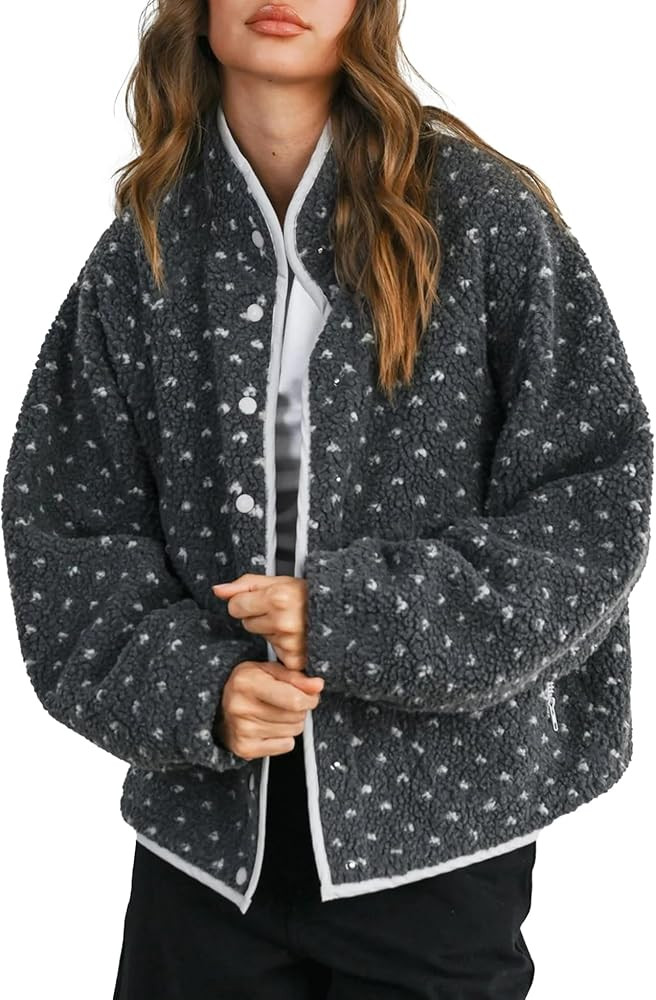 Slouchy Fleece Jacket Women Long Sleeve Button Down High Neck Polka Dot Puffer Jackets Sherpa Ove... | Amazon (US)