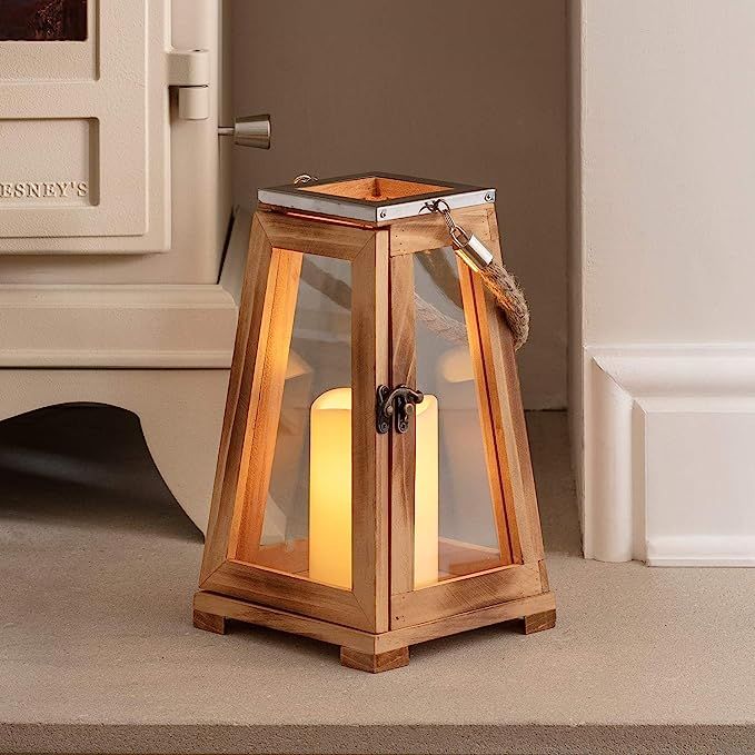 Lights4fun, Inc. 10" Wooden Battery Operated Indoor Flameless LED Candle Lantern | Amazon (US)
