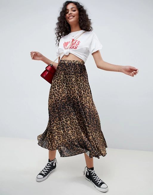 ASOS DESIGN midi pleated skirt in natural leopard print | ASOS UK
