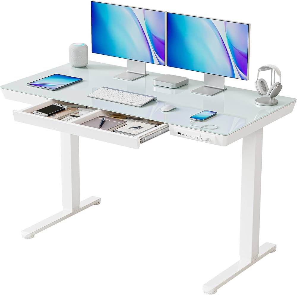 BANTI Electric Standing Desk with Drawers, 48 inch Whole-Piece Glass Desktop, Height Adjustable S... | Amazon (US)