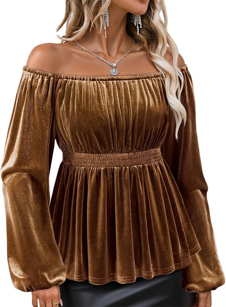 Bebonnie Womens Velvet Off The Shoulder Long Sleeve Sexy Elegant Evening Tops Peplum Dressy Blous... | Amazon (US)