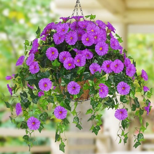 Waipfaru Artificial Hanging Plants Outdoors, Fake Hanging Flowers with Basket, Faux Vine Bougainvillea for Urn Fillers Front Porch Patio Outside Summer Decor (Purple) | Amazon (US)