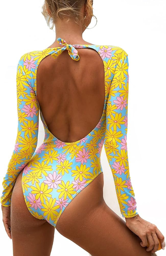 CPUTAN Women's Floral Print Backless Long Sleeve Bathing Suit One Piece Swimsuit | Amazon (US)