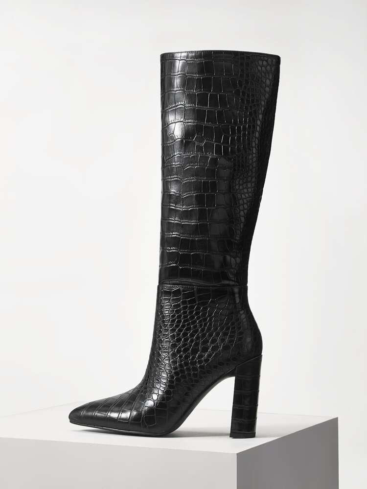 MOTF PREMIUM CROC EMBOSSED LONG BARREL CHUNKY HEELED BOOTS | SHEIN