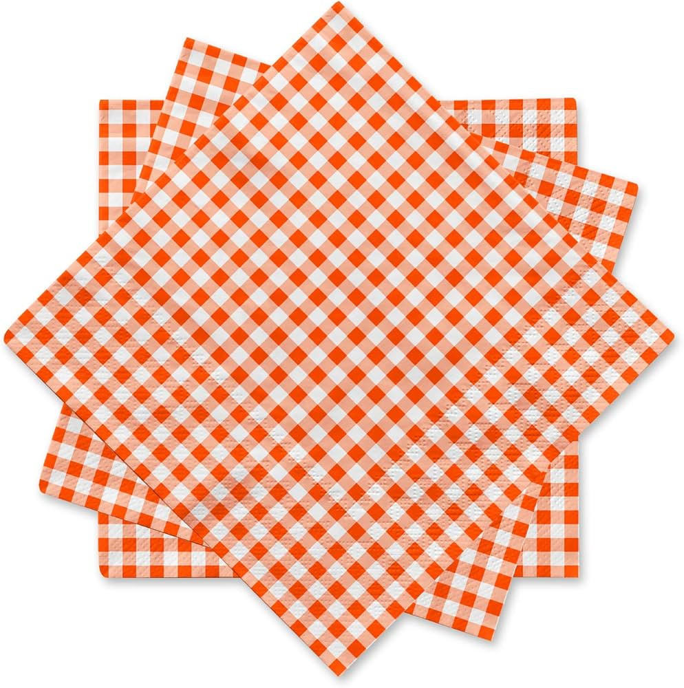 Gatherfun Disposable Paper Napkins 3-ply Orange and White Gingham Beverage Napkins for Dinner, Pi... | Amazon (US)
