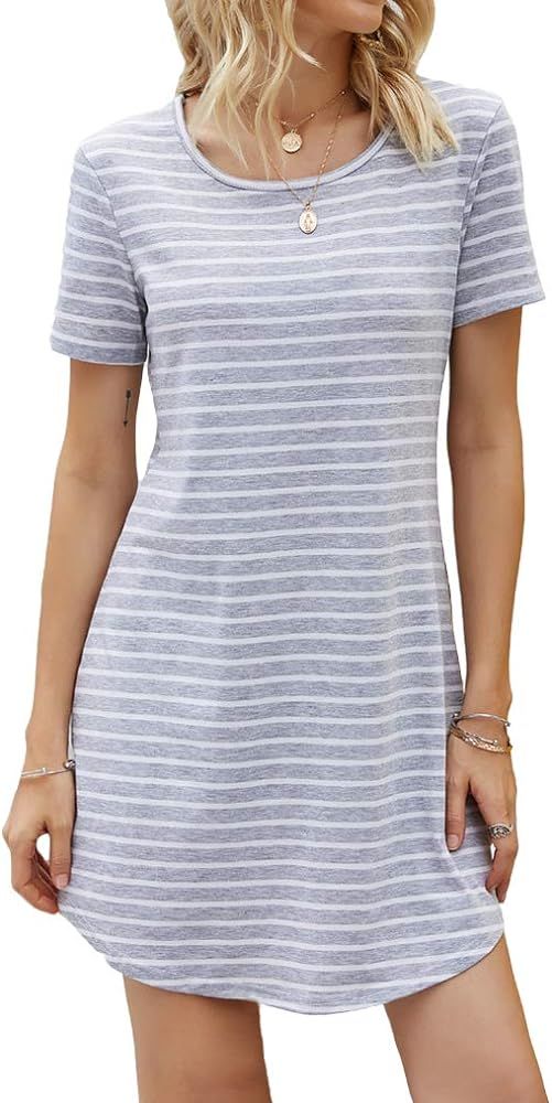 OURS Women's Crew Neck Short Sleeve Striped Loose T-Shirt Mini Dress | Amazon (US)