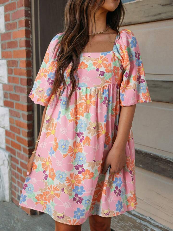 Boho Floral Square Neck Puff Sleeve Babydoll Dress | SHEIN