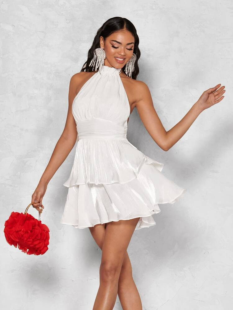 SHEIN BAE Solid Tie Backless Layered Ruffle Hem Halter Dress | SHEIN
