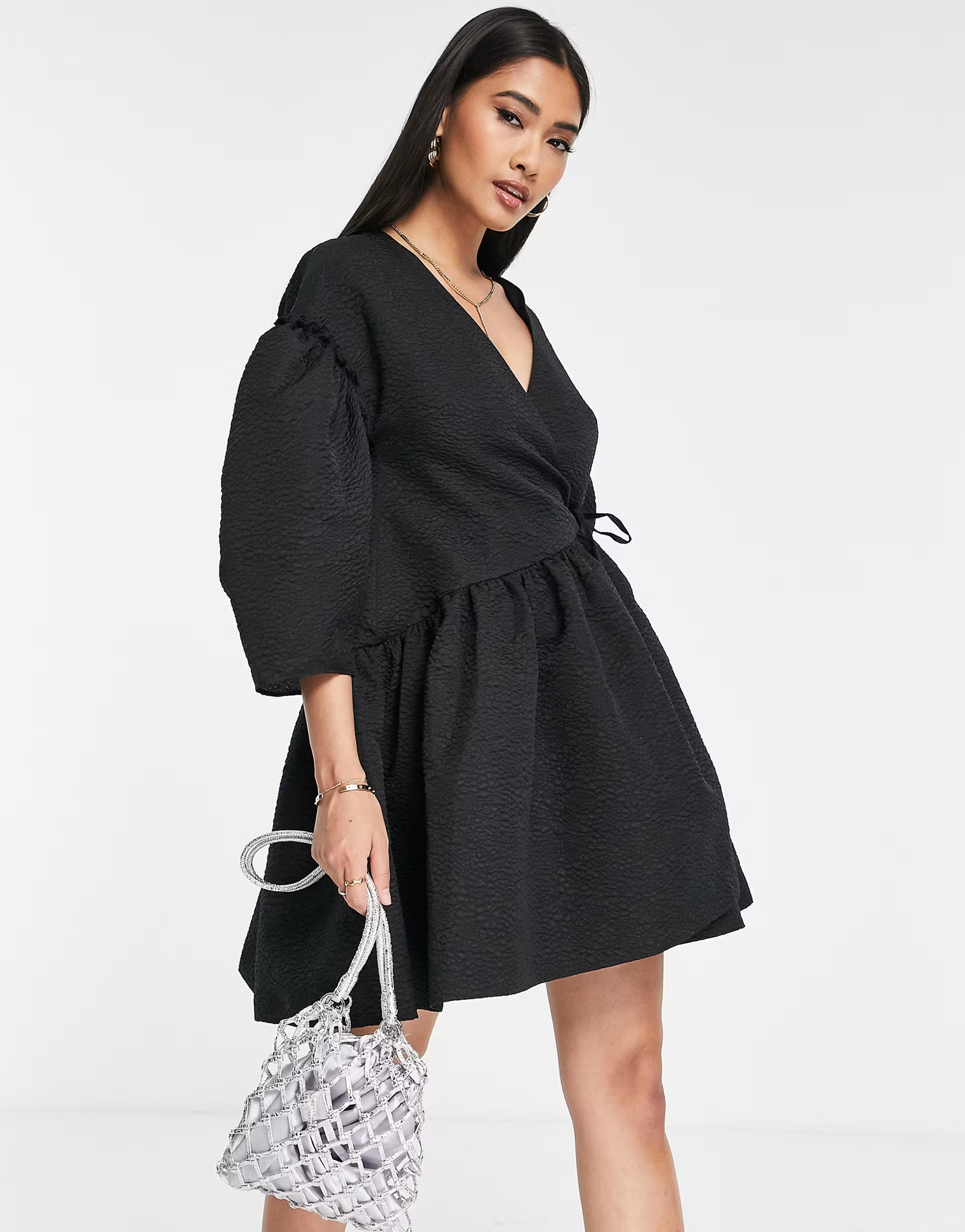 ASOS EDITION wrap smock textured mini dress in black | ASOS (Global)
