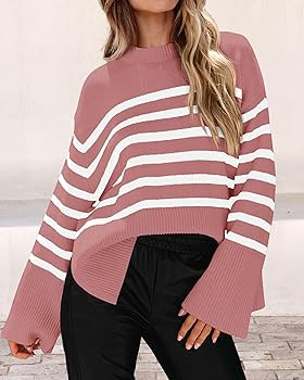 KIRUNDO Women's 2023 Fall Winter Casual Oversized Long Sleeve Striped Sweater Crew Neck Ribbed Kn... | Amazon (US)