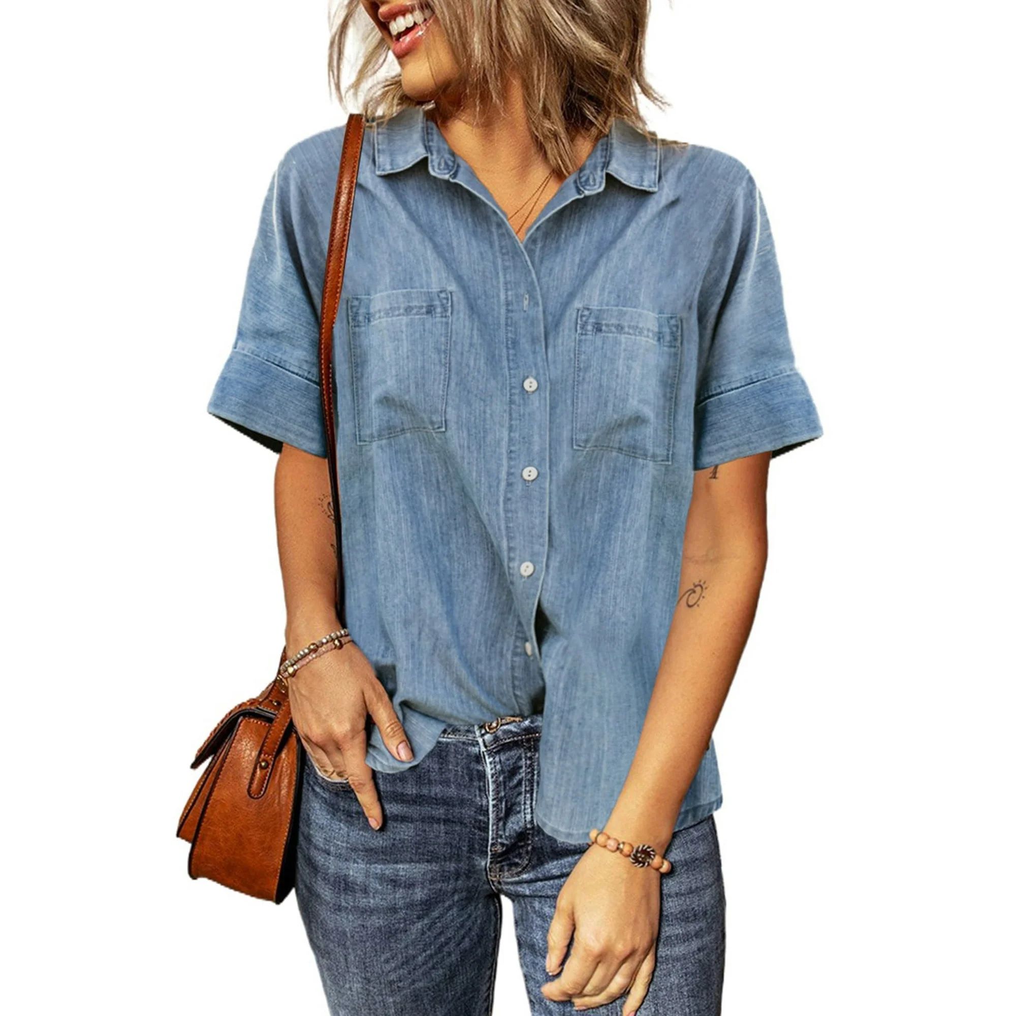 Astylish Womens Denim Shirt Short Sleeve Button Down Shirts Casual Summer Blue Cotton Blouses Loo... | Walmart (US)