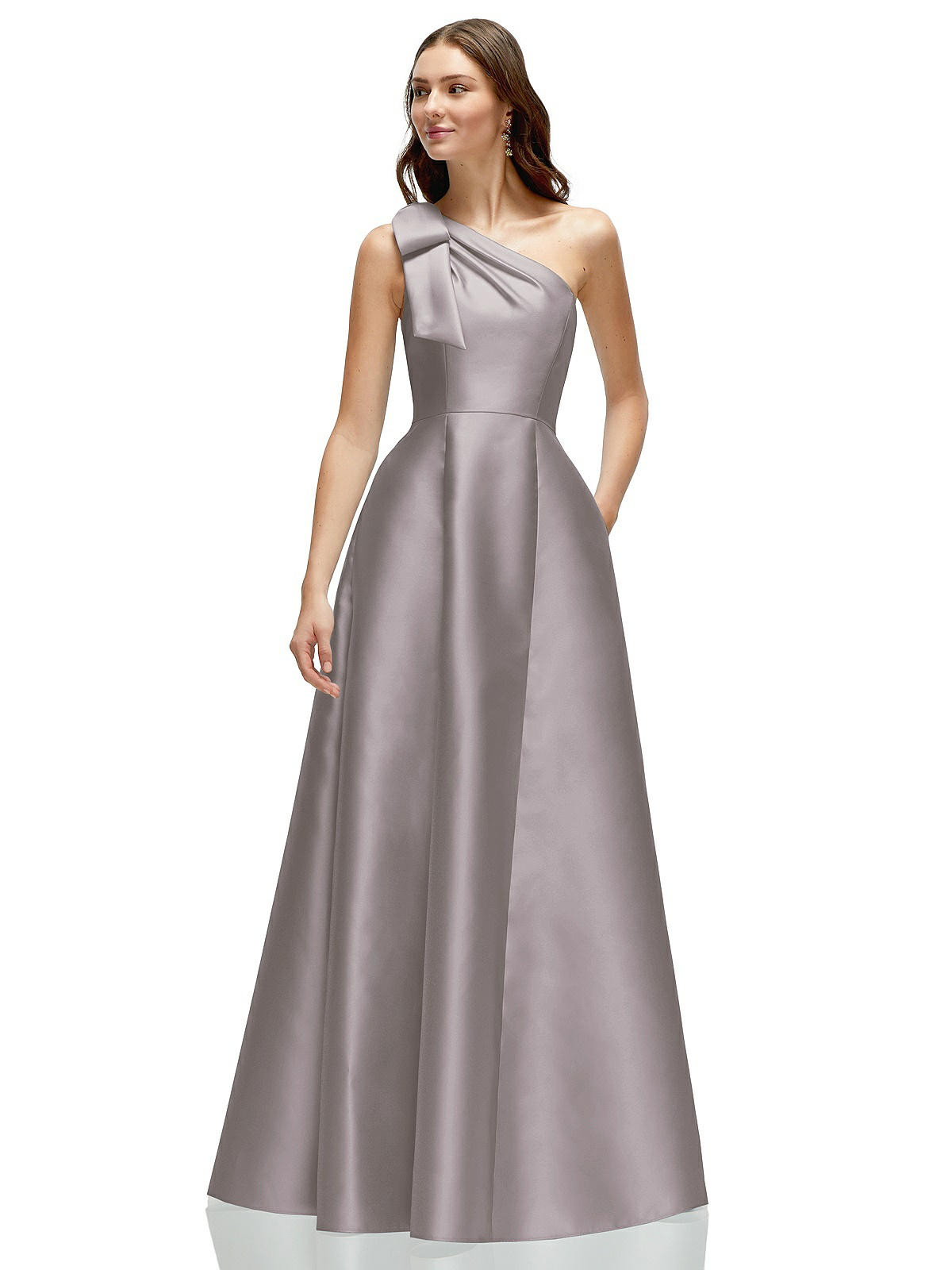 Bow One-Shoulder Full A-Line Satin Maxi Dress in Cashmere Gray | Dessy Group