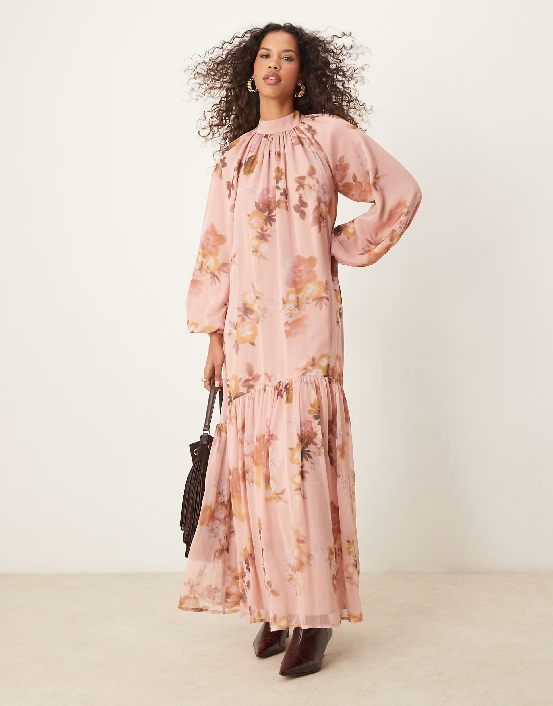 ASOS DESIGN smock tie bow back maxi dress in pink blurred floral print | ASOS (Global)