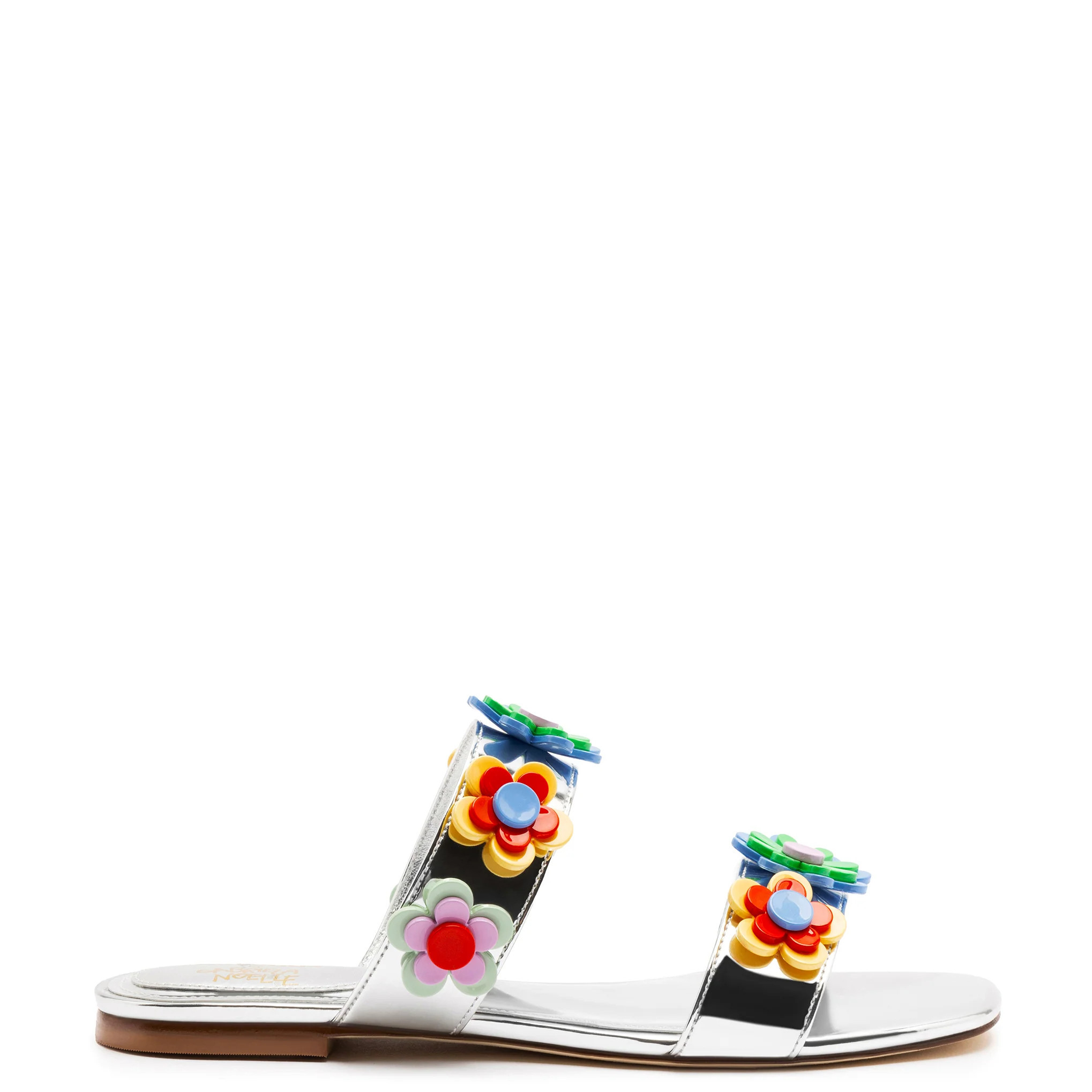 Larroudé x Gabriela Noelle: Blossom Flat Sandal In Silver Specchio and Multicolor Acrylic | Larroude