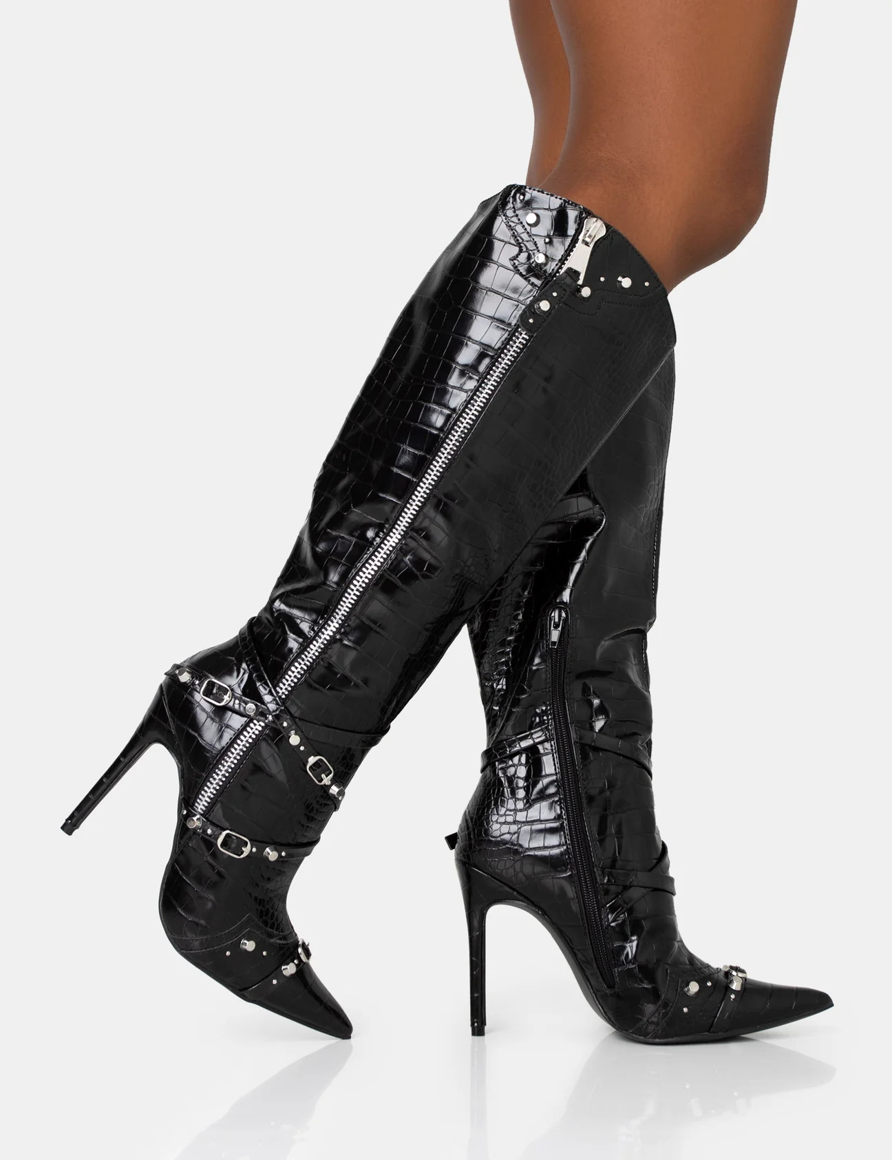 Worthy Black Croc Studded Zip Detail Pointed Toe Stiletto Knee High Boots | Public Desire