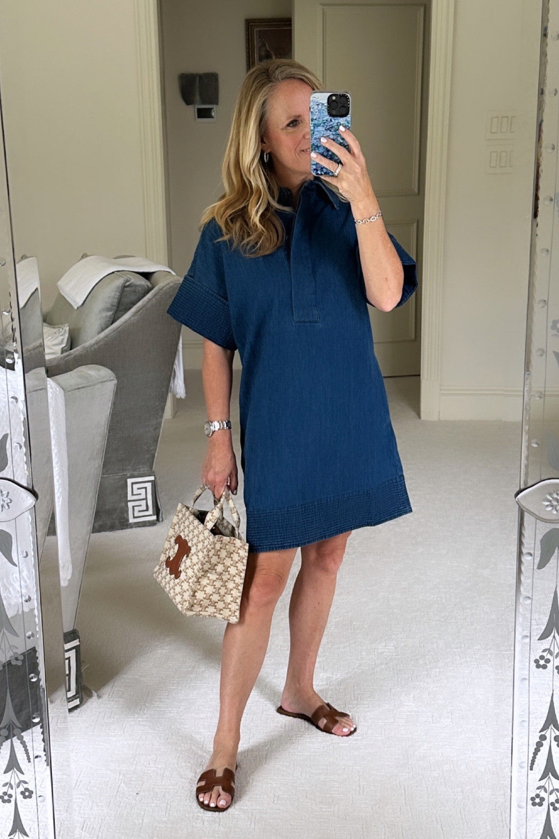 Lightweight denim shirtdress from Tuckernuck with cuff sleeve and trapunto stitching on the sleeve and hem 
Great casual day dress for school meetings and lunch with friends 
Celine tote
Brown sandals

#LTKSeasonal #LTKStyleTip #LTKOver40