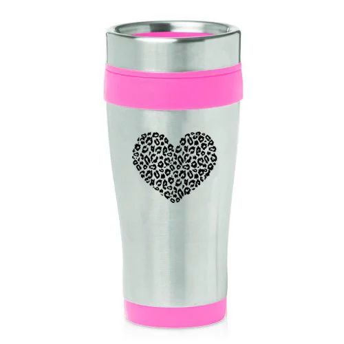 16oz Insulated Stainless Steel Travel Mug Leopard Print Love Heart (Pink) | Walmart (US)