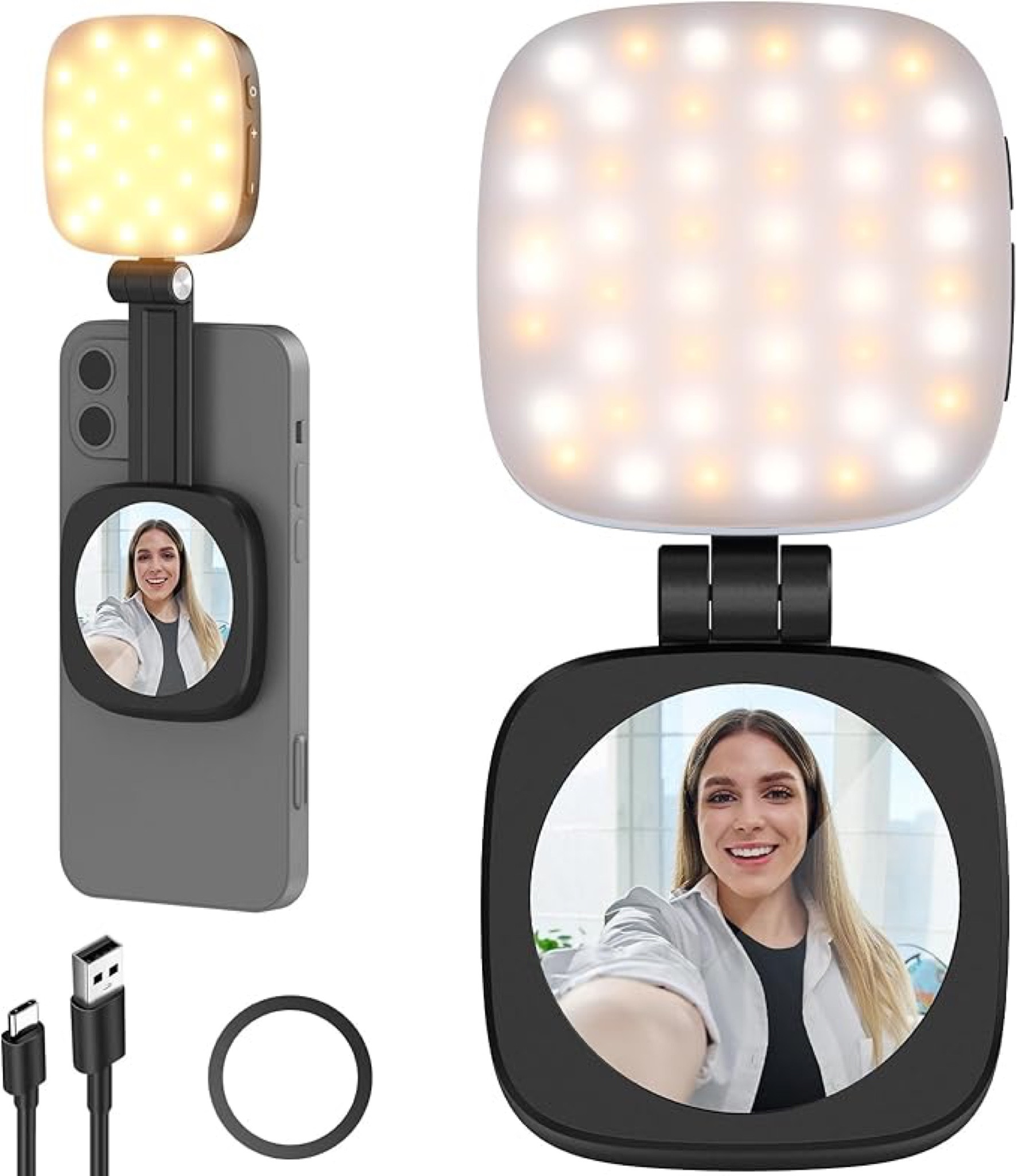 Phone mirror with light. Attaches to the back of the phone so you can use the better camera and see what you’re filming with a mirror. 