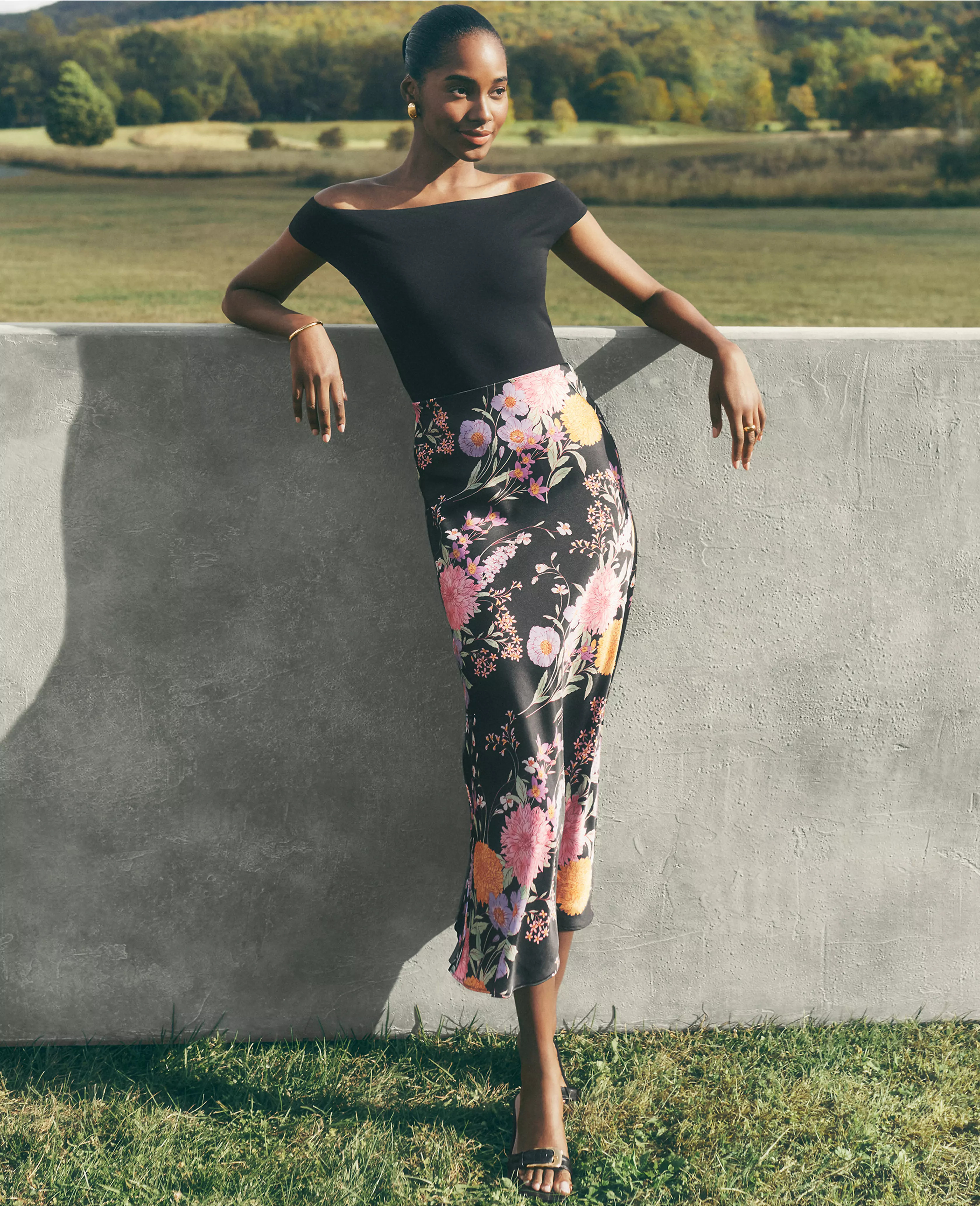 Floral Satin Bias Midi Slip Skirt | Ann Taylor