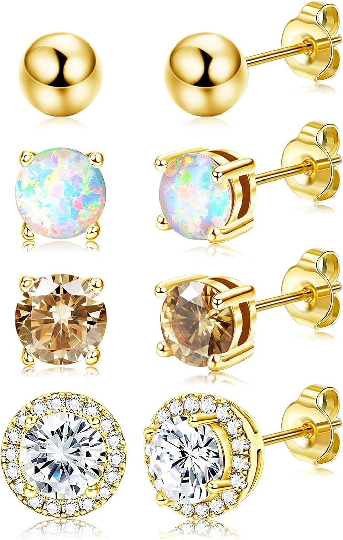 Dochais 4 Pairs Cubic Zirconia Stud Earrings Set 18K Gold Plated Hypoallergenic 4 Prong CZ Earrin... | Amazon (US)