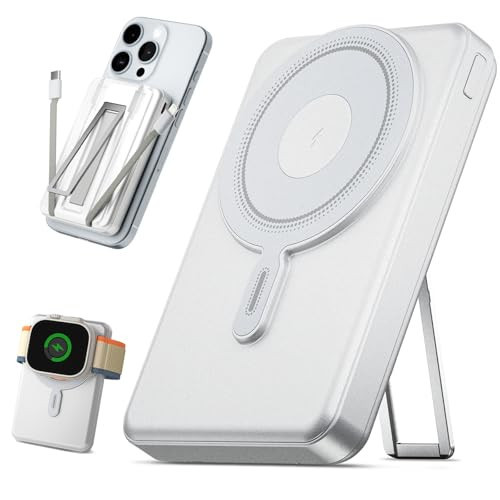 eazpower for Magsafe Battery Pack 10000mAh, Magnetic Wireless Portable Charger for Apple Watch, 5 in 1 Fast Charging Power Bank with Stand and Cables for iPhone 16 Pro Max/15/14/13/12 Mini(White) | Amazon (US)