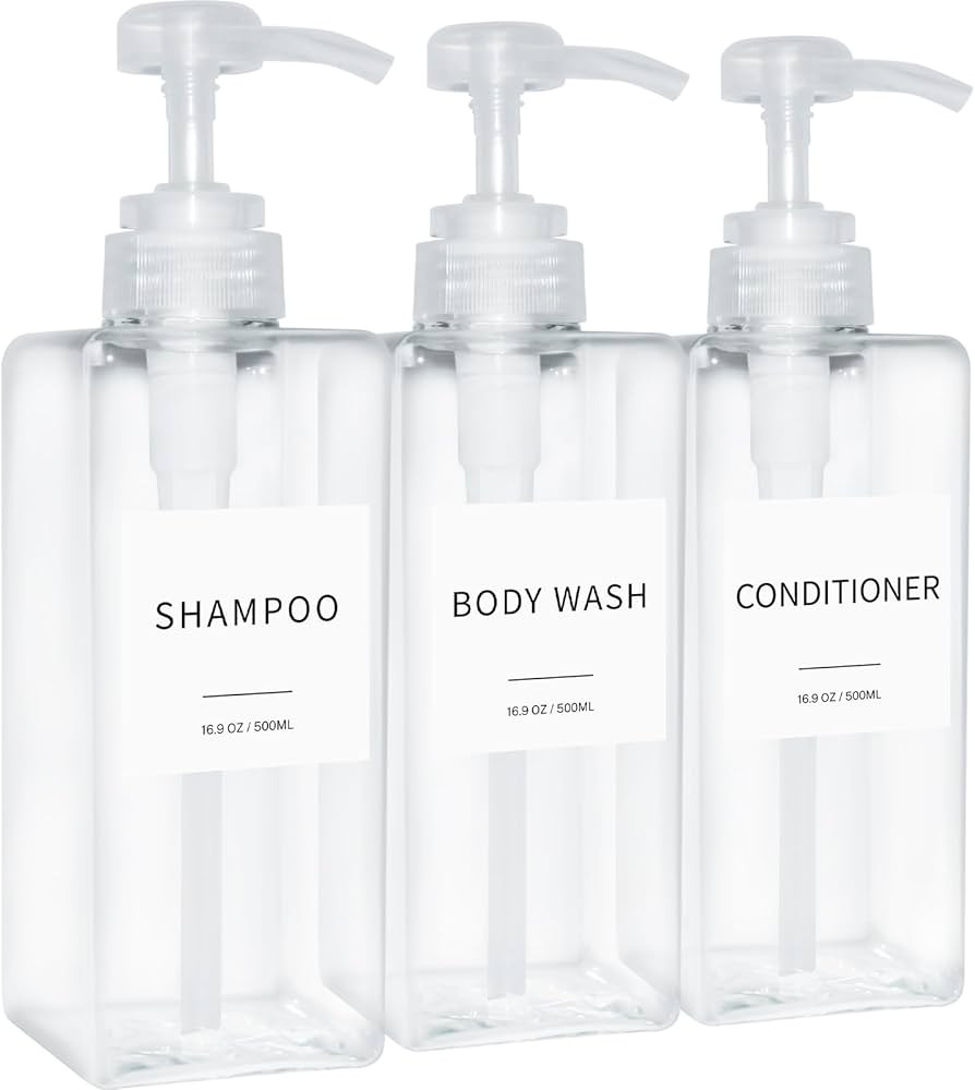 Shampoo and Conditioner Dispenser, Refillable Plastic Shampoo Pump Bottles with Waterproof Labels... | Amazon (US)