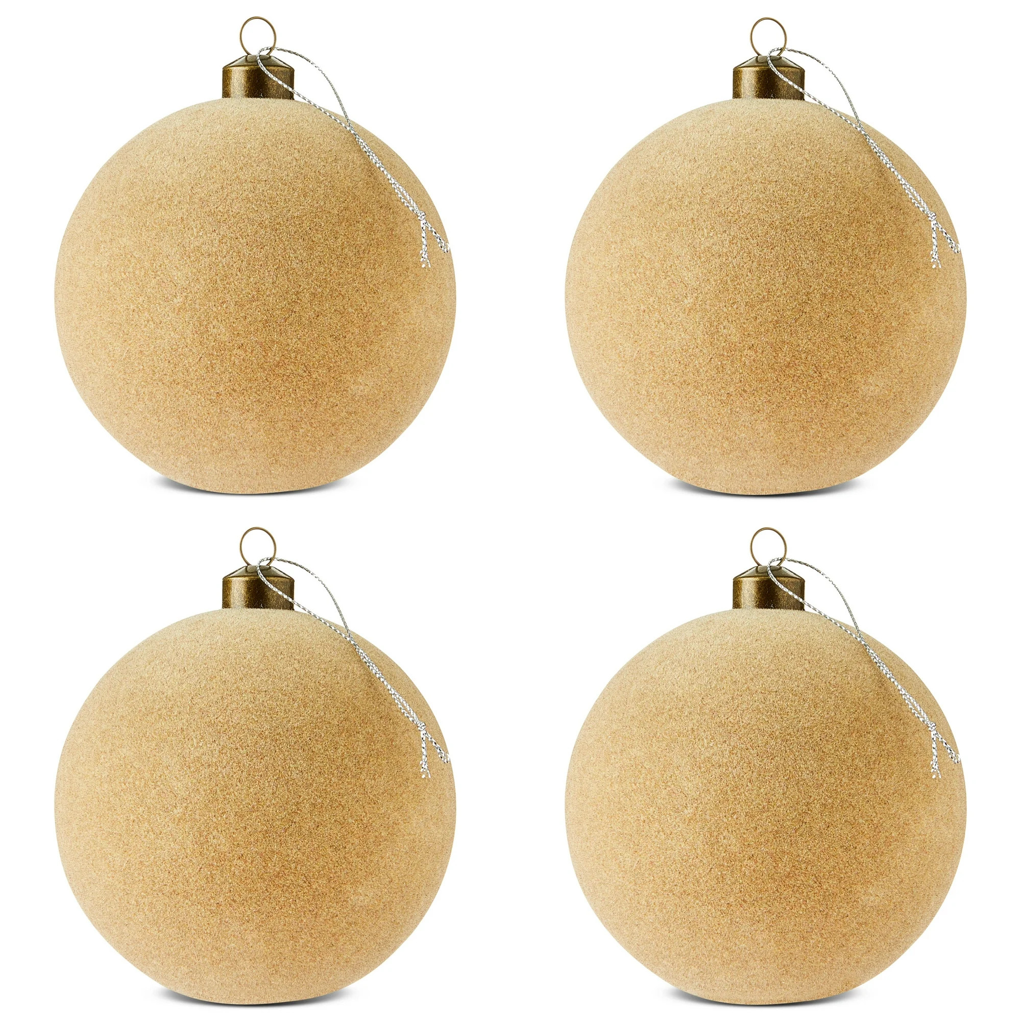 Beige Flocked Ball Christmas Ornaments, 4.5", 4 Count, by Holiday Time | Walmart (US)