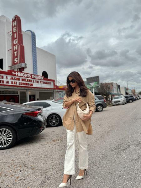 Oversized beige poplin shirt: wearing small 

Cropped/petite friendly semi flared straight jeans—very soft, forgiving and comfortable. Wearing 25 P (petite) 

Purse comes with two types of straps so it can switch between small shoulder bag to crossbody—very spacious and versatile  

#LTKworkwear #LTKMostLoved #LTKfindsunder100