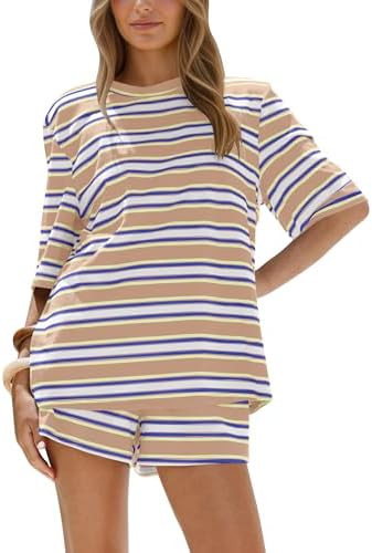 Burtell Summer Striped 2 Piece Short Sets For Women Casual Oversized T Shirts Wide Leg Shorts Mat... | Amazon (US)