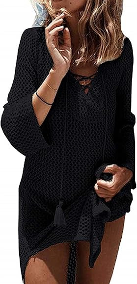 Beach Swimsuit for Women Sleeve Coverups Bikini Cover Up Lace-up Net | Amazon (US)