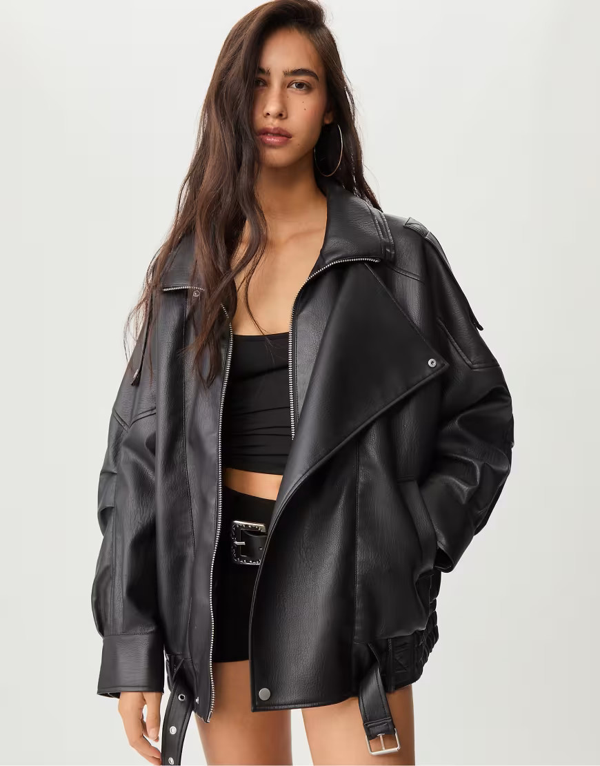Stradivarius Oversize leather effect jacket with collar in black | ASOS (Global)