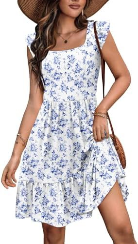 Zeagoo White Mini Dress Women Casual Ditsy Dress with Pocket Frill Floral Tiered Short Tunic Holi... | Amazon (US)