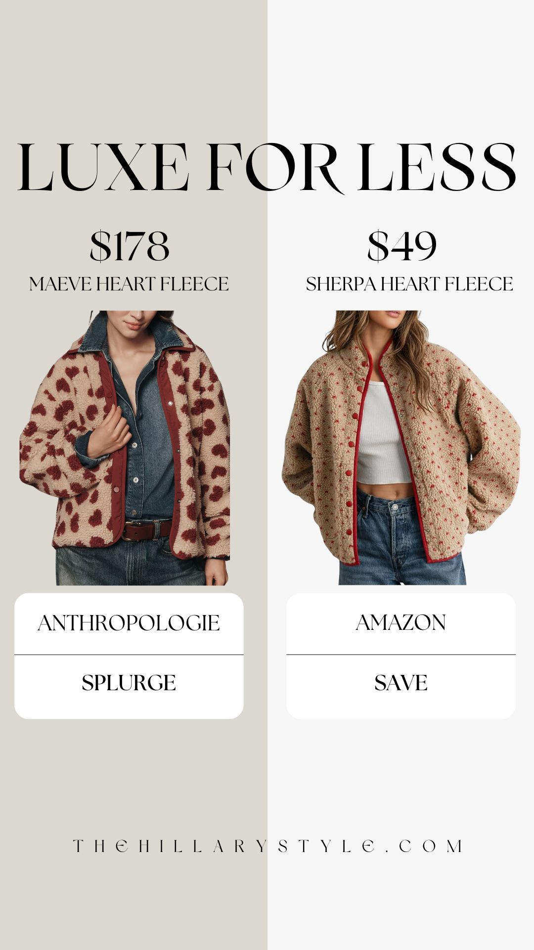 Found! The Best Amazon Dupe for the Anthropologie Maeve Heart Fleece

Get the Anthropologie Maeve aesthetic for a fraction of the price! 💌 I found the perfect Amazon look for less for that viral heart-print sherpa fleece jacket. It has the same cozy texture, snap-button front, and playful heart-print design that’s perfect for your Valentine’s Day outfit or a cute Galentine's brunch. This year, V-Day style is all about subtle romance and "touch-me" textures like sherpa and fleece. Pair this Amazon fashion find with your favorite denim or a red slip dress for a balanced, modern look.
#TheHillaryStyle #AmazonFinds #AmazonFashion #LookForLess #AnthropologieDupe #MaeveHeartFleece #ValentinesDayOutfit #GalentinesDay #HeartPrint #CozyAesthetic #PinterestStyle #LTKunder50 #WinterFashion2026 #AffordableStyle #SherpaJacket #CleanGirlAesthetic 

 

#LTKmomlife #LTKSeasonal #LTKFindsUnder50