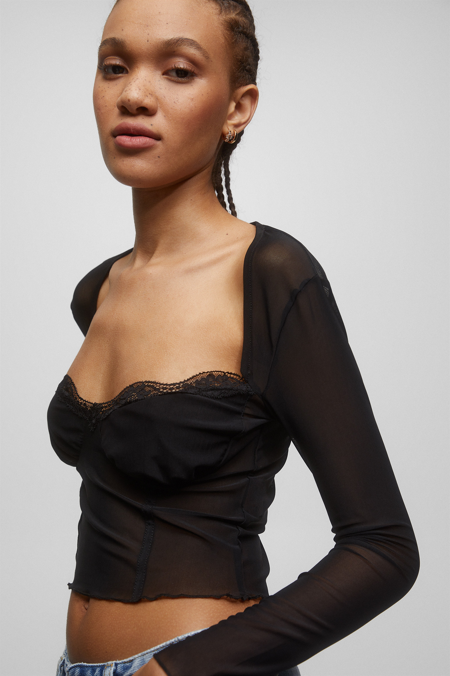 Long sleeve lace-trimmed tulle top | PULL and BEAR UK