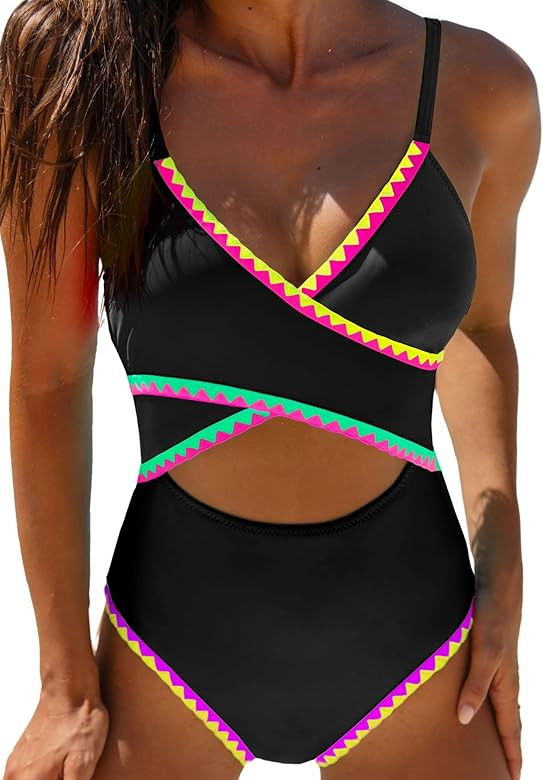 popvil Neon One Piece Swimsuit Women Tummt Control High Waisted Cut Out Bathing Suit Color Block ... | Amazon (US)