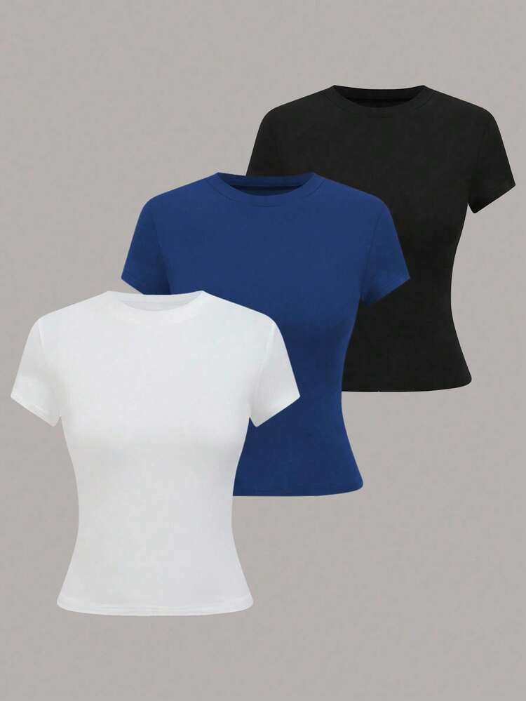 EMERY ROSE Women's Casual Solid Color Short Sleeve T-Shirt, Summer | SHEIN