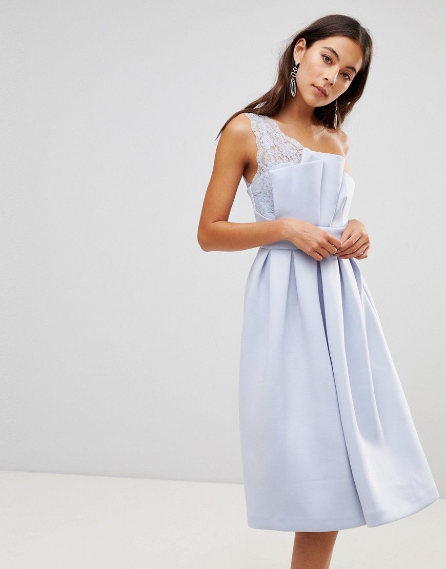 ASOS PREMIUM One Shoulder Lace Scuba Midi Prom Dress - Blue | ASOS US